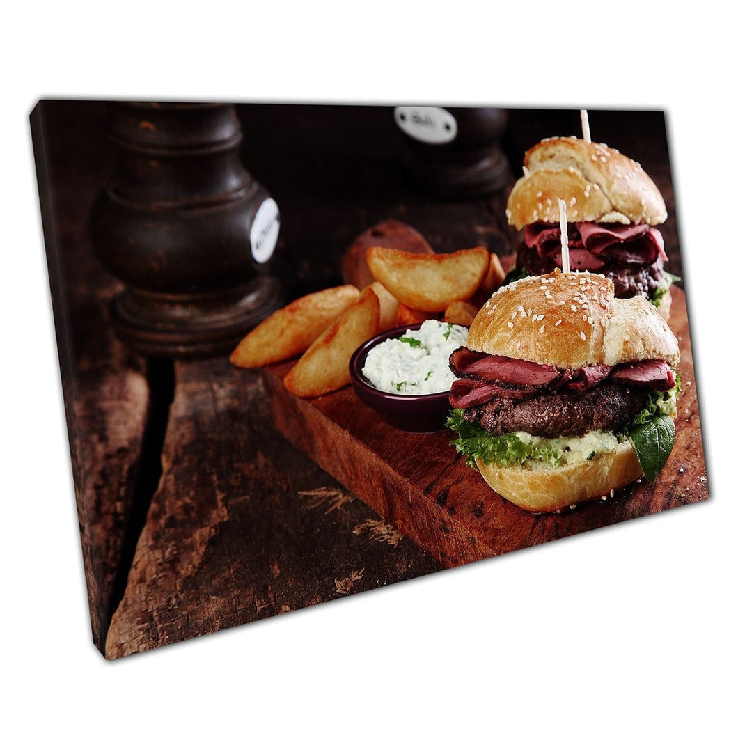 Gourmet Steak Burgers With Potato Wedges Restaurant Food Presentation Photography Wall Art Print On Canvas Mounted Canvas print