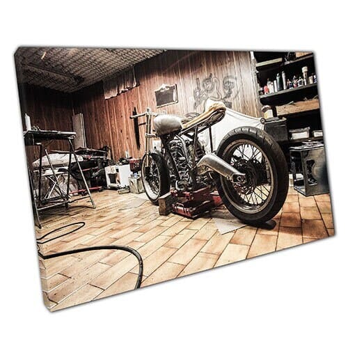 Print on Canvas Motorbike in Garage Workshop Ready to Hang Wall Art Print Mounted Canvas print