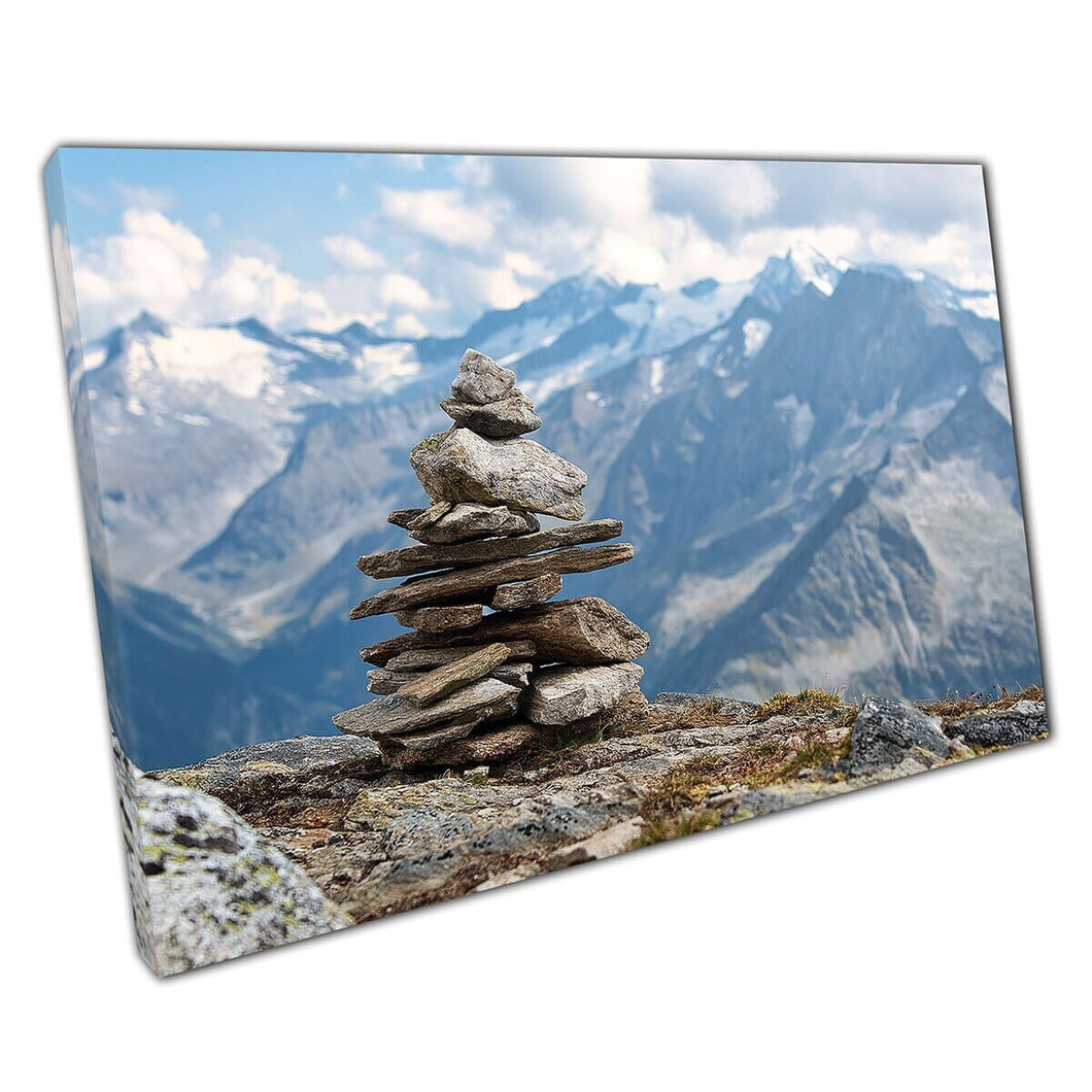 Pile Of Stones Cairn Hiking Marker In Australian Alps Mountain Hiking Landscape Wall Art Print On Canvas Mounted Canvas print