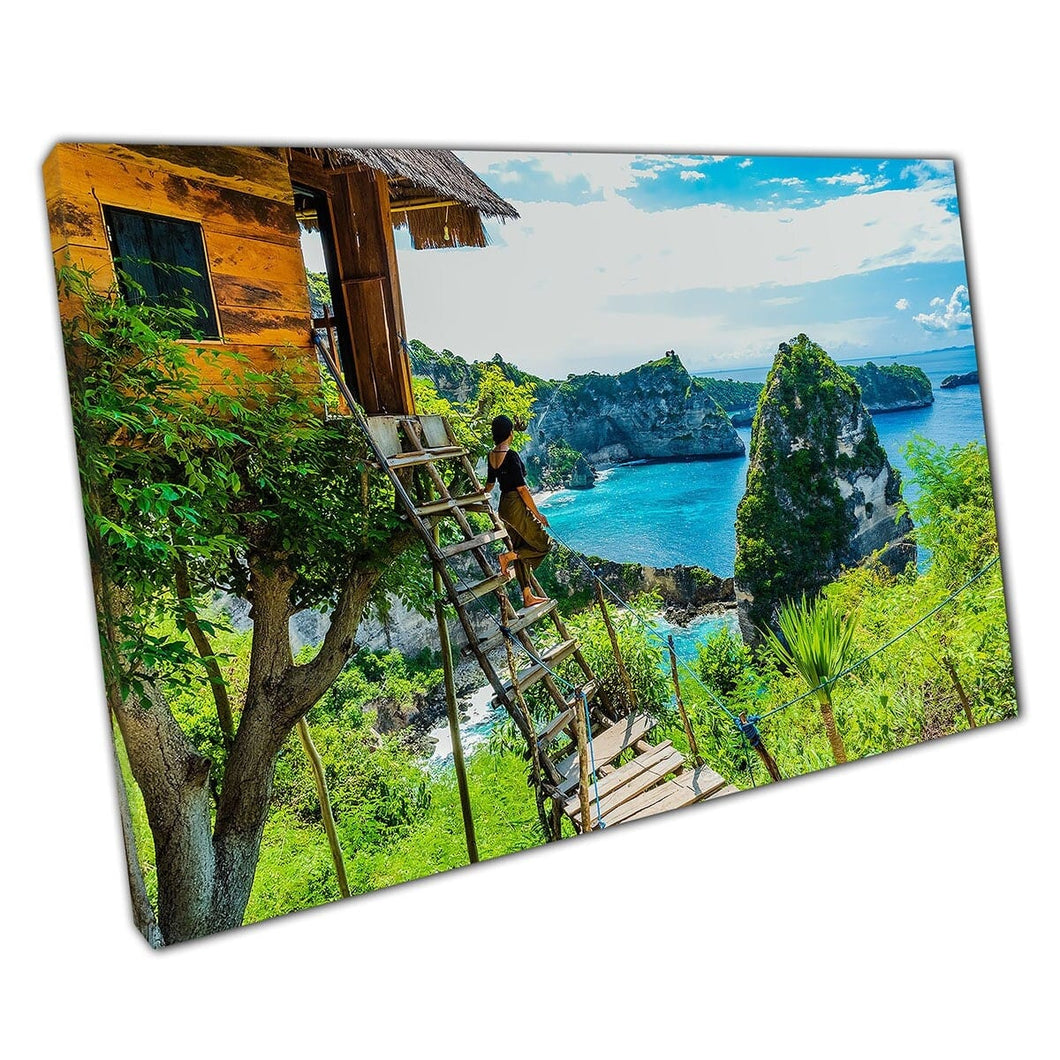 Woman Standing Outside Treehouse Home Exotic Tropical Location Rich Blue Waters Wall Art Print On Canvas Mounted Canvas print