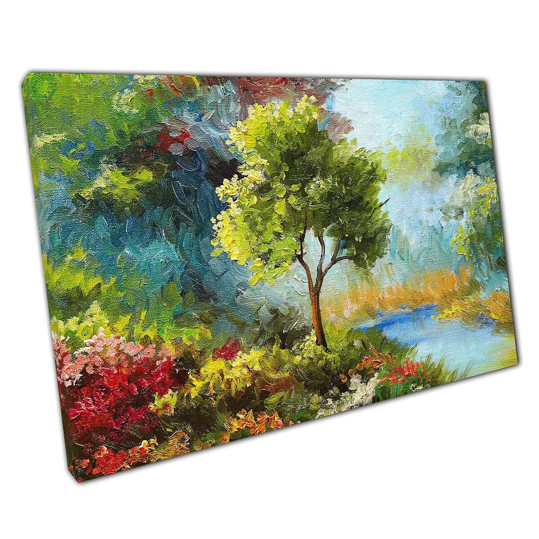 Abstract Textures Flowers And Trees Near Riverside At Sunset Oil Painting Nature Wall Art Print On Canvas Mounted Canvas print
