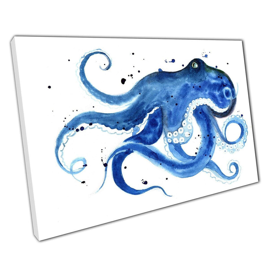 Vibrant Watercolour Splatter Style Blue Octopus Swirling Tentacles Abstract Sea Life Wall Art Print On Canvas Mounted Canvas print