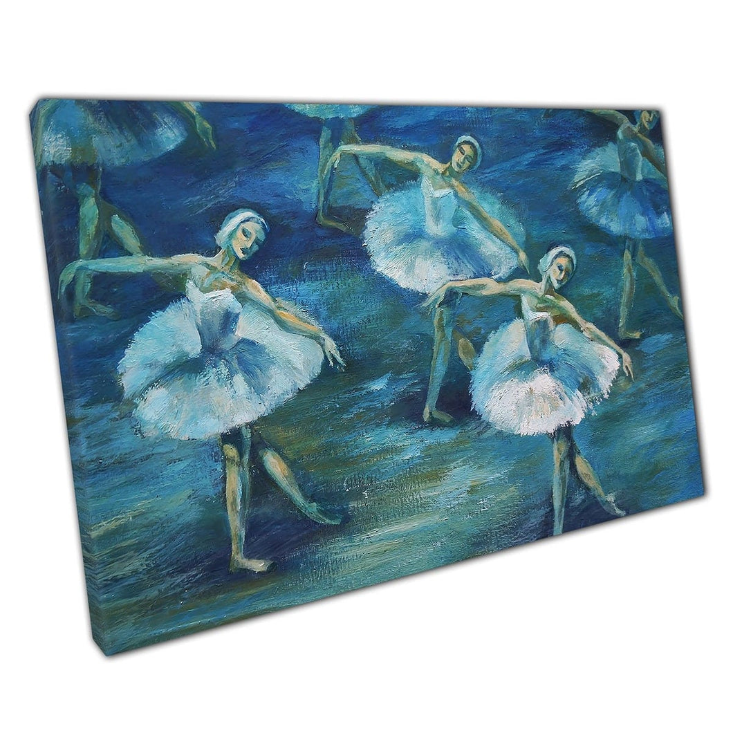 Swan Lake Ballet Dancers Performing Routine Blue Toned Elegant Painting Style Wall Art Print On Canvas Mounted Canvas print