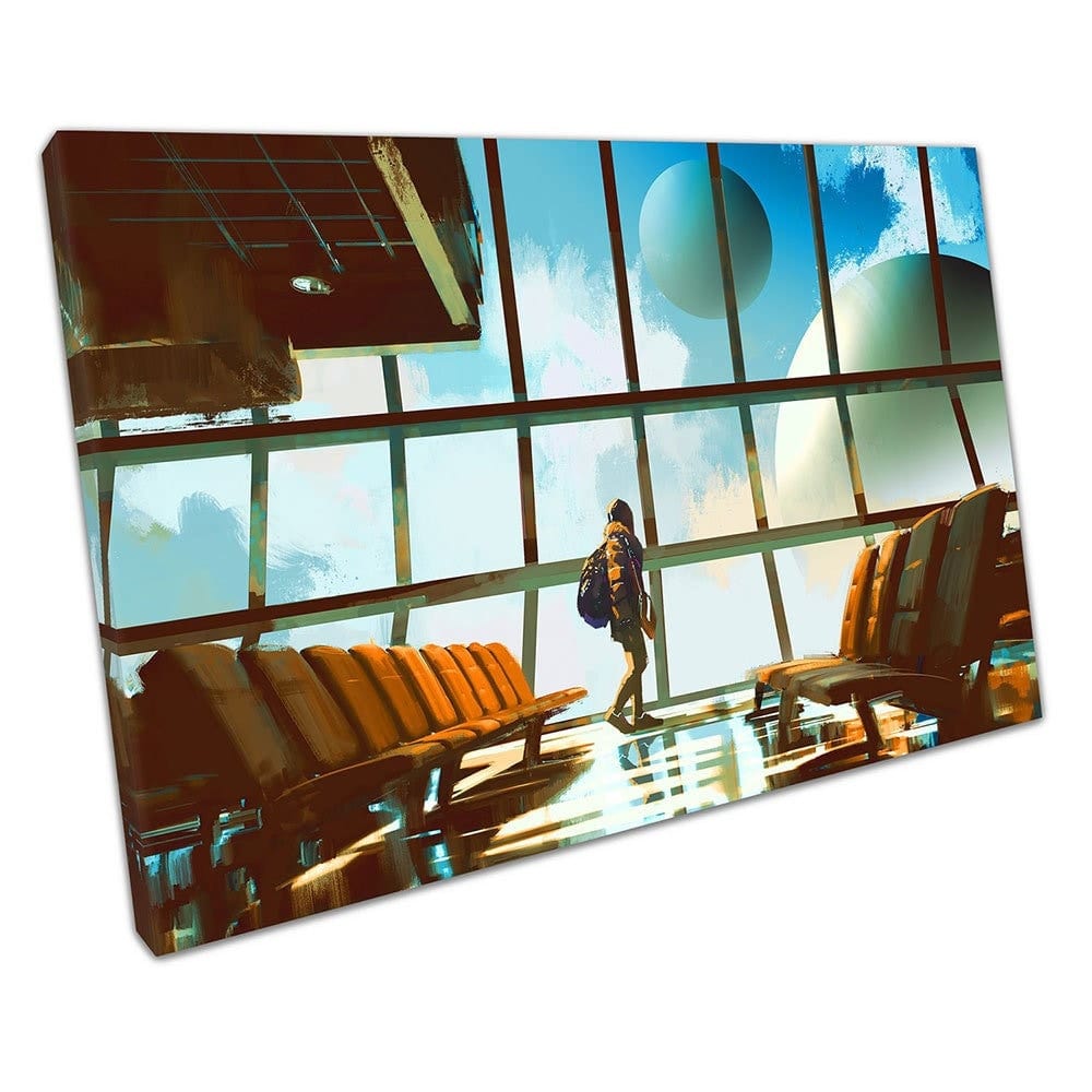 young girl walking in airport lounge looking at the planets Ready to Hang Wall Art Print Mounted Canvas print