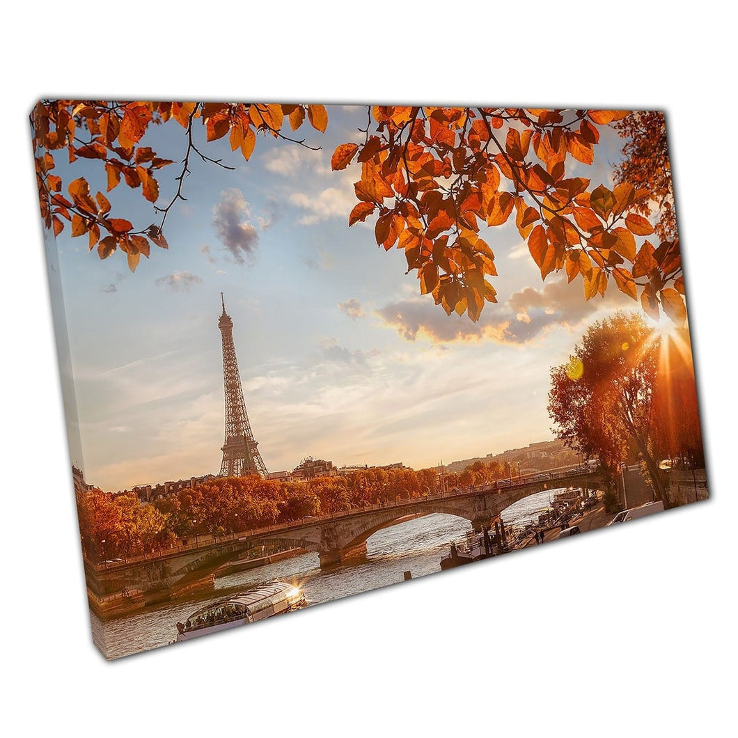Eiffel Tower Paris France Framed By Orange Autumnal Leaves Wall Art Print On Canvas Mounted Canvas print
