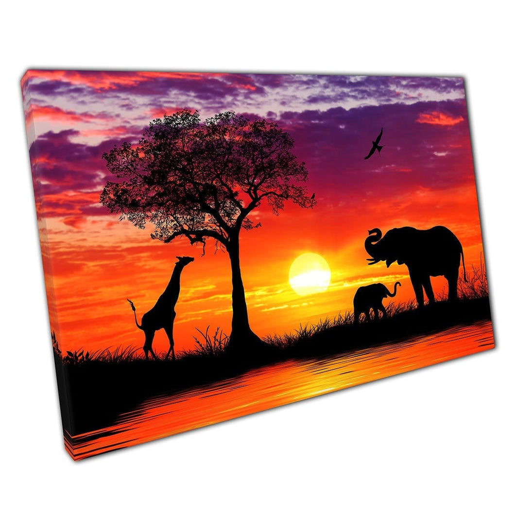 African sunset Elephant giraffe Canvas Wall Art print on canvas Mounted Canvas print