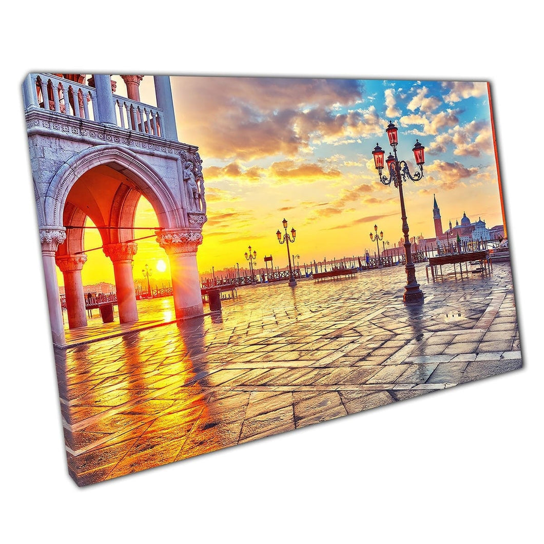 Stunning Warm Cityscape Sunrise Over A Damp Piazza San Marco Venice Italy Tourism Wall Art Print On Canvas Mounted Canvas print