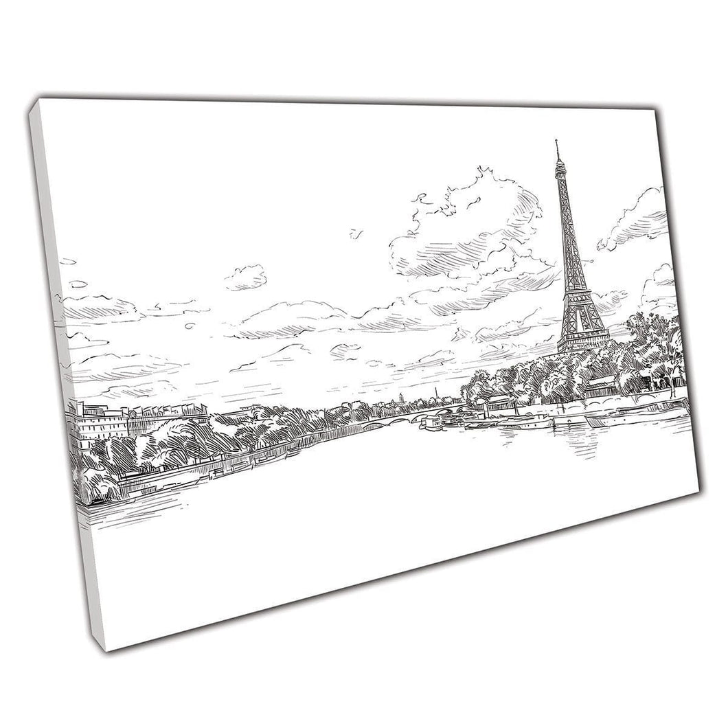 Sketch Style Romantic View Of Eiffel Tower And Seine River Paris France Wall Art Print On Canvas Mounted Canvas print