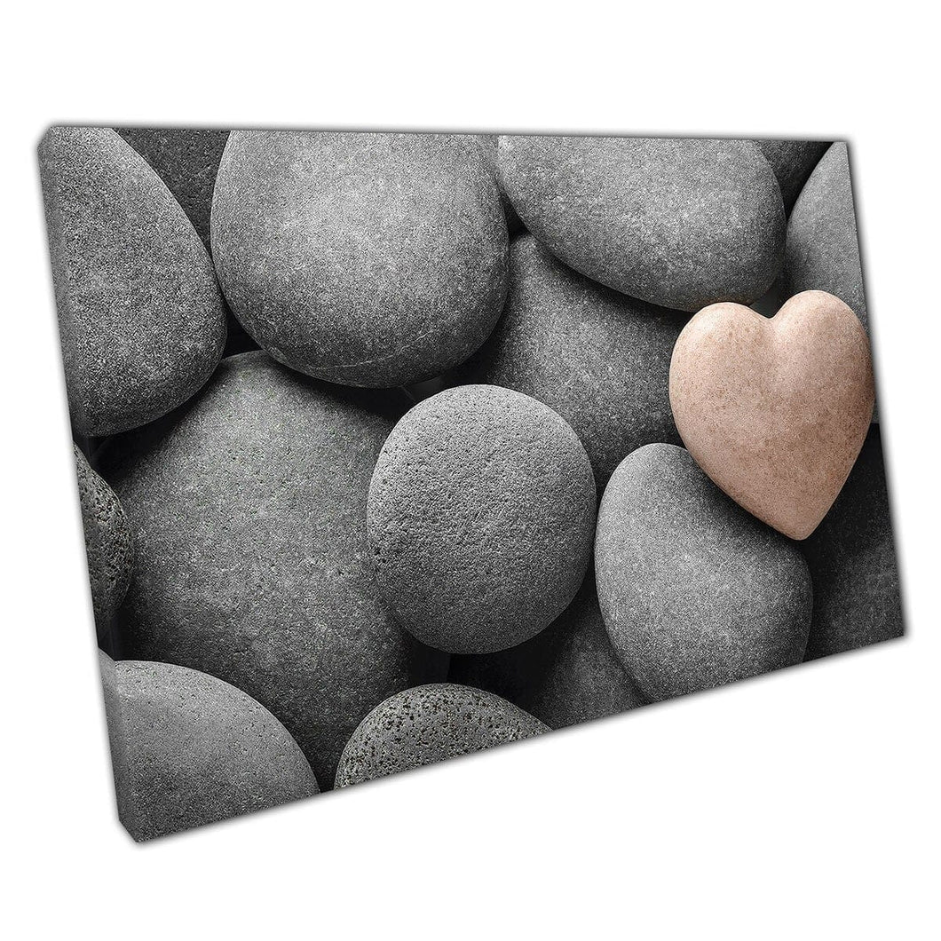 Heart Shaped Stone Atop Pile Of Smooth Grey Natural Stones Serene Zen Atmosphere Wall Art Print On Canvas Mounted Canvas print