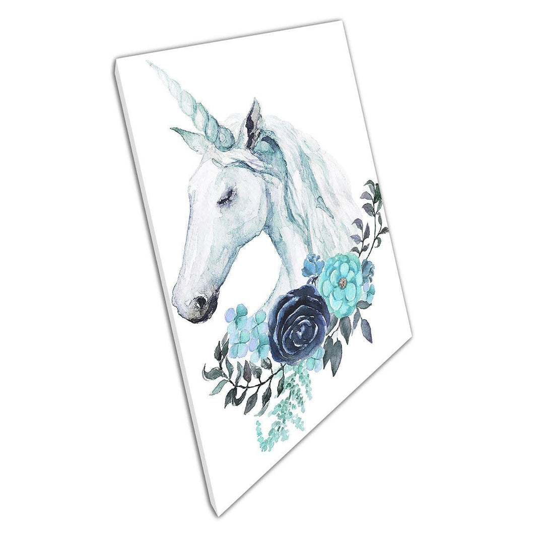 Boho Fantasy Blue Blumen magische Einhorn -Aquarell Illustration Wandkunst Druck auf Leinwand montiertes Leinwand Druck