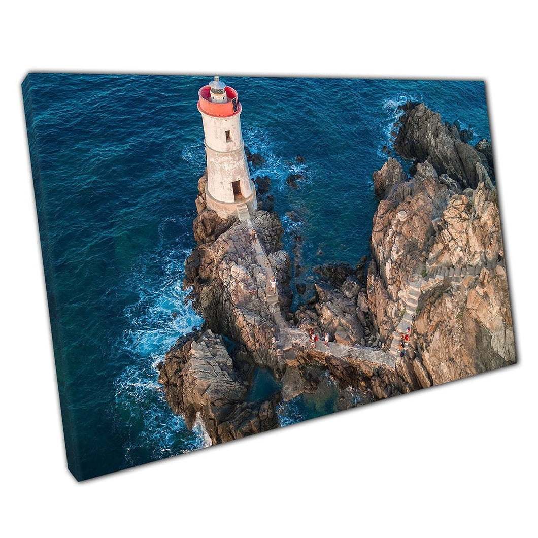 Rocky Path Leading Out To The Capo Ferro Lighthouse In The Seascape Porto Italy Wall Art Print On Canvas Mounted Canvas print