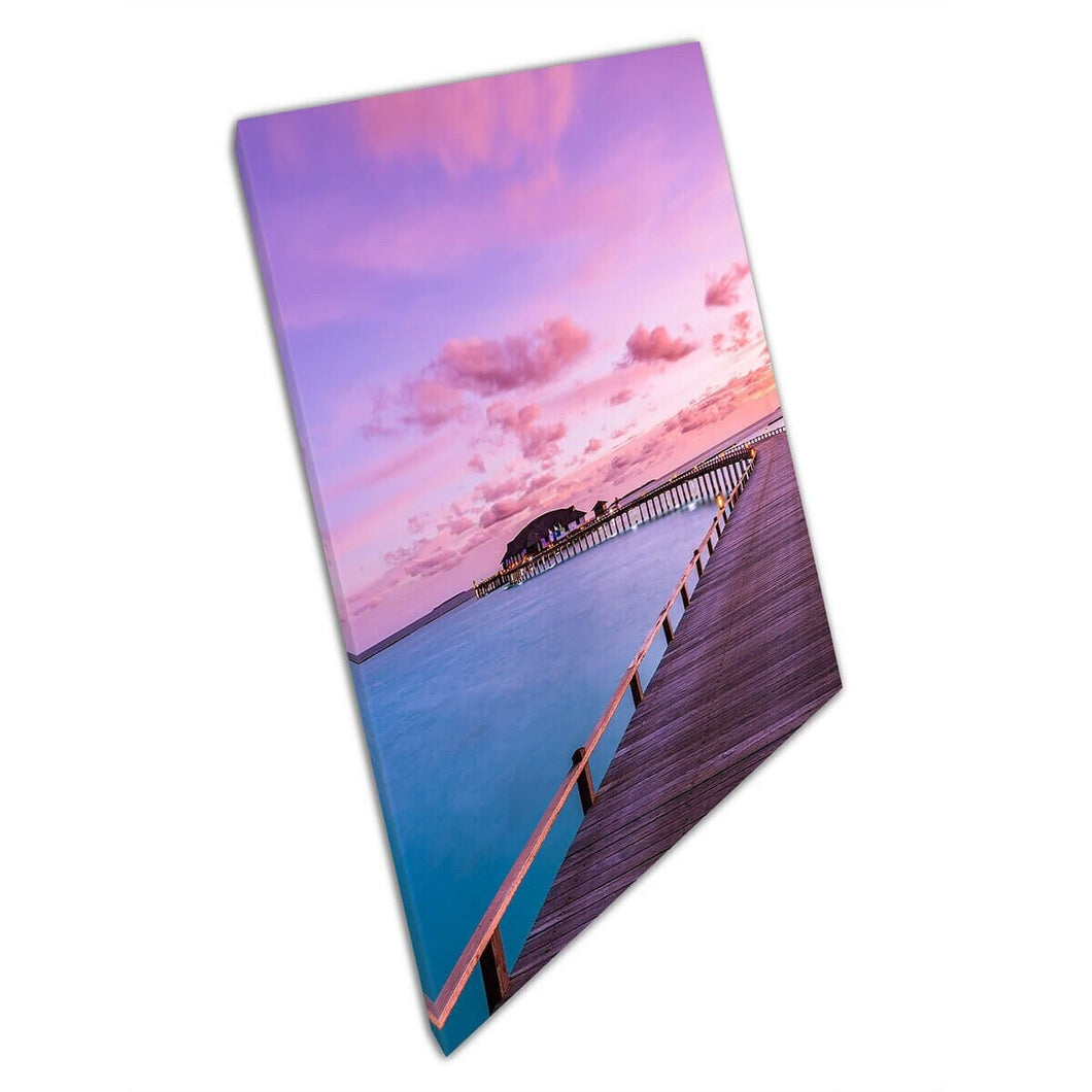 Beautiful Luxury Villas At Twilight In The Maldives Stunning Pink Sky Seascape Paradise Art Print On Canvas Mounted Canvas print