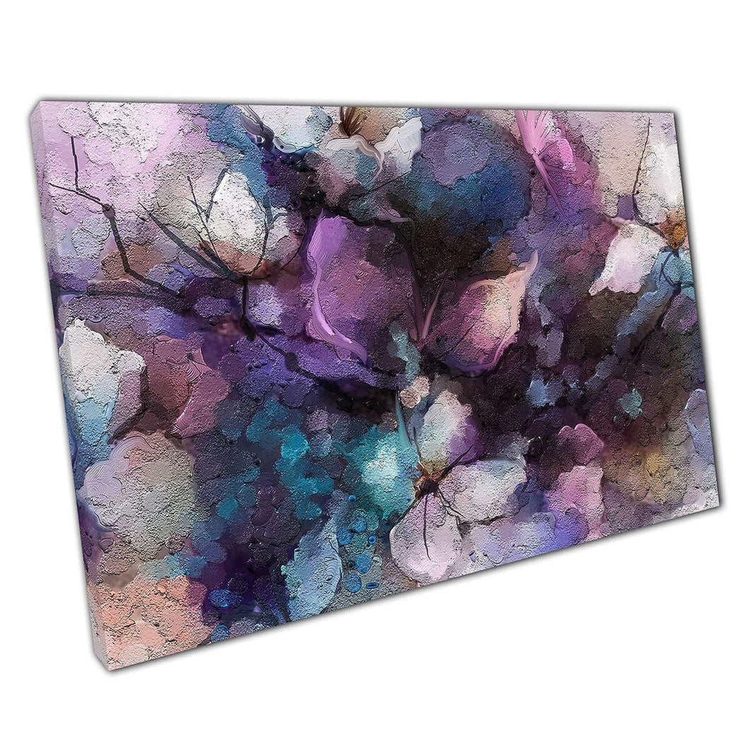 Purple Blue Spring Flower Bouquet Abstract Painted Floral Textured Style Wall Art Print On Canvas Mounted Canvas print