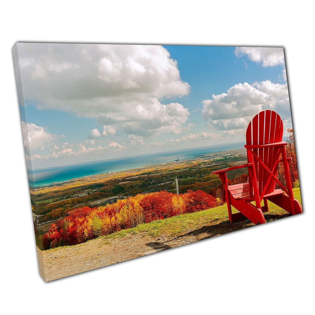 Vibrant Red Chair Over Collingwood Blue Mountain Village Ontario Canada Wall Art Print On Canvas Mounted Canvas print