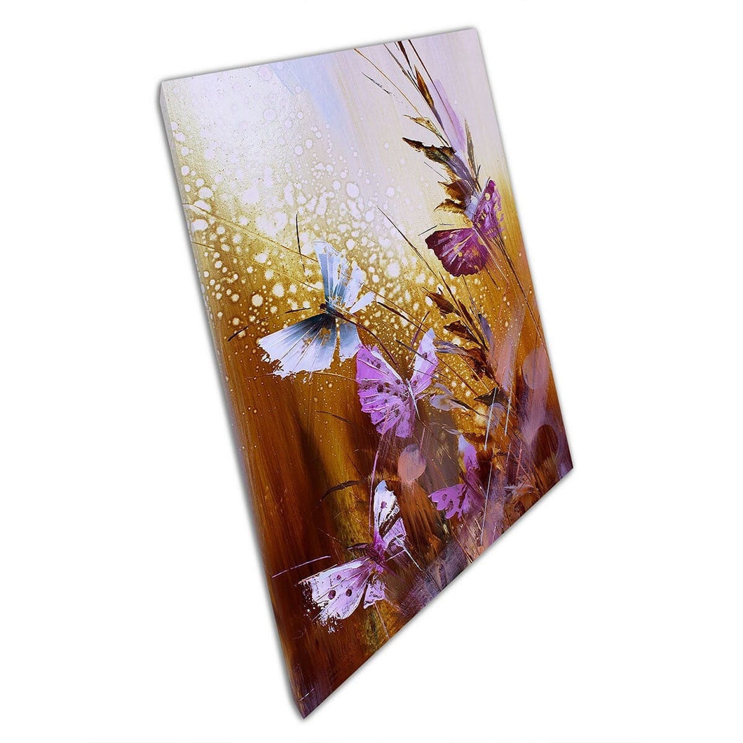 Delicate Pink And White Butterflies Flying Around Grassy Plants Oil Painting Style Wall Art Print On Canvas Mounted Canvas print