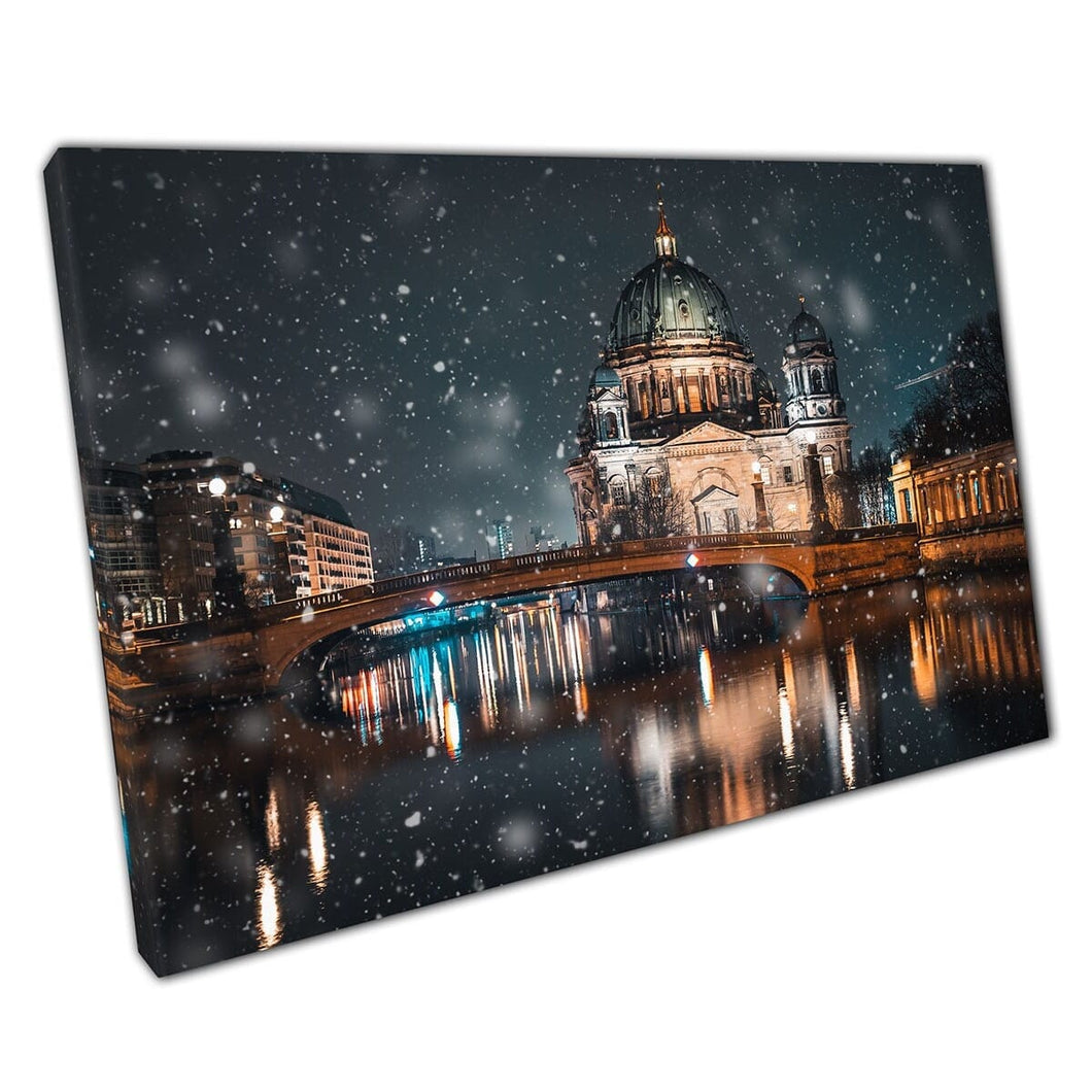 Berlin Cathedral Over Spree River On A Cold Winters Night During Heavy Snowfall Wall Art Print On Canvas Mounted Canvas print