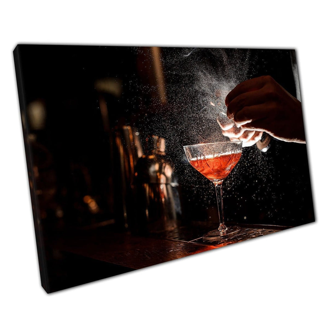 Dramatic View Of Barman Making A Cocktail Wall Art Print On Canvas Mounted Canvas print