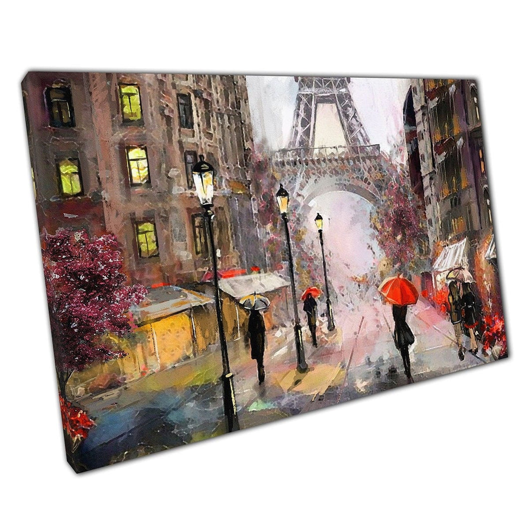 Parisian Street Leading To Eiffel Tower Umbrellas On A Rainy Day Oil Painting Style Wall Art Print On Canvas Mounted Canvas print
