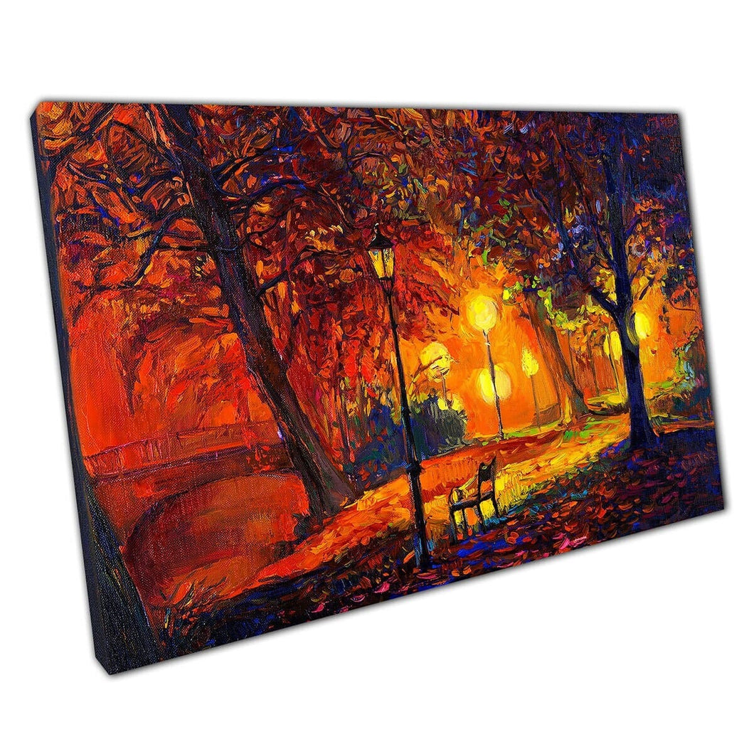 Autumnal Park And Lake Illuminated By Golden Street Lights Painting Wall Art Print On Canvas Mounted Canvas print
