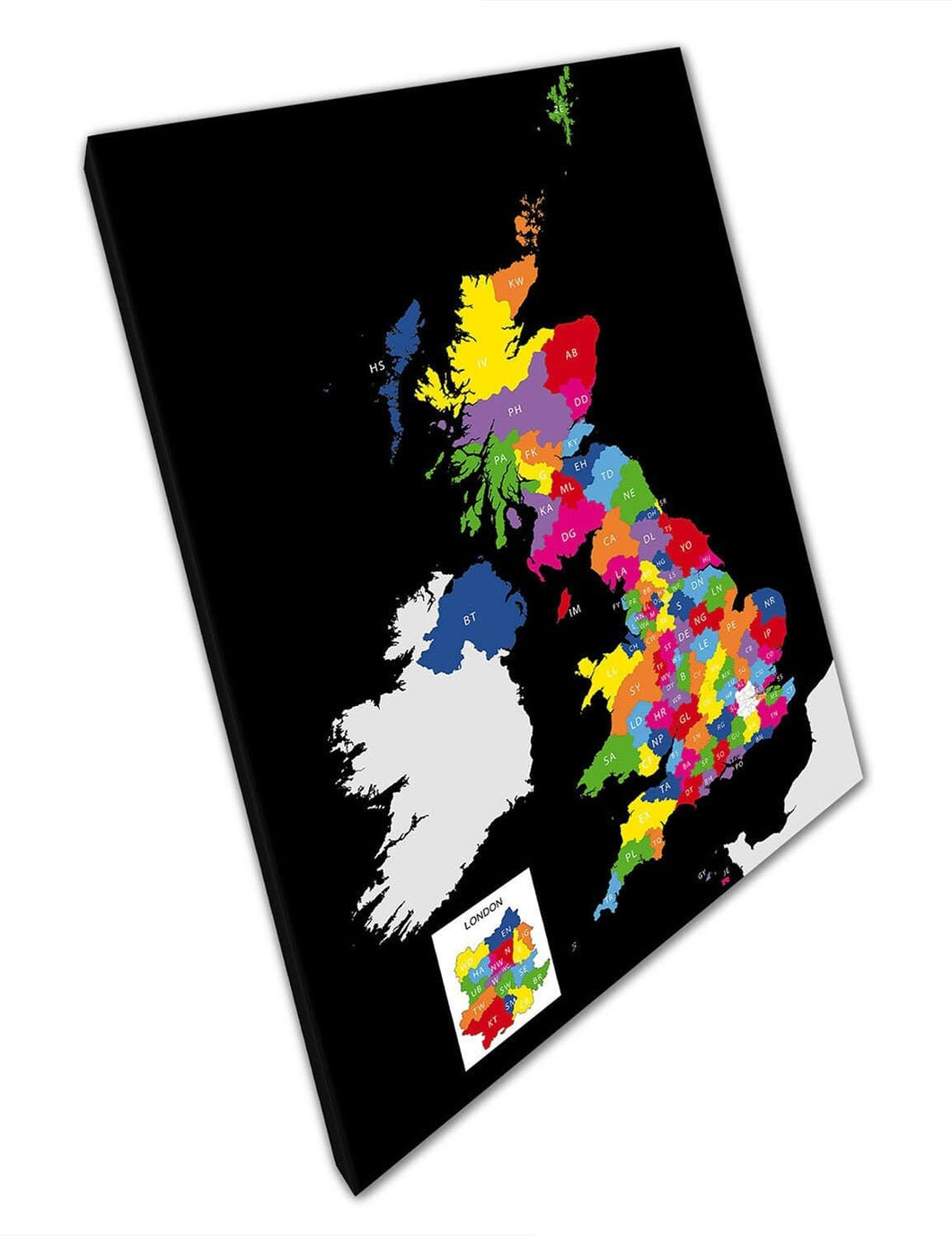 Colour postcode map of the United Kingdom with black Ready to Hang Canvas Wall Art Print Mounted Canvas print