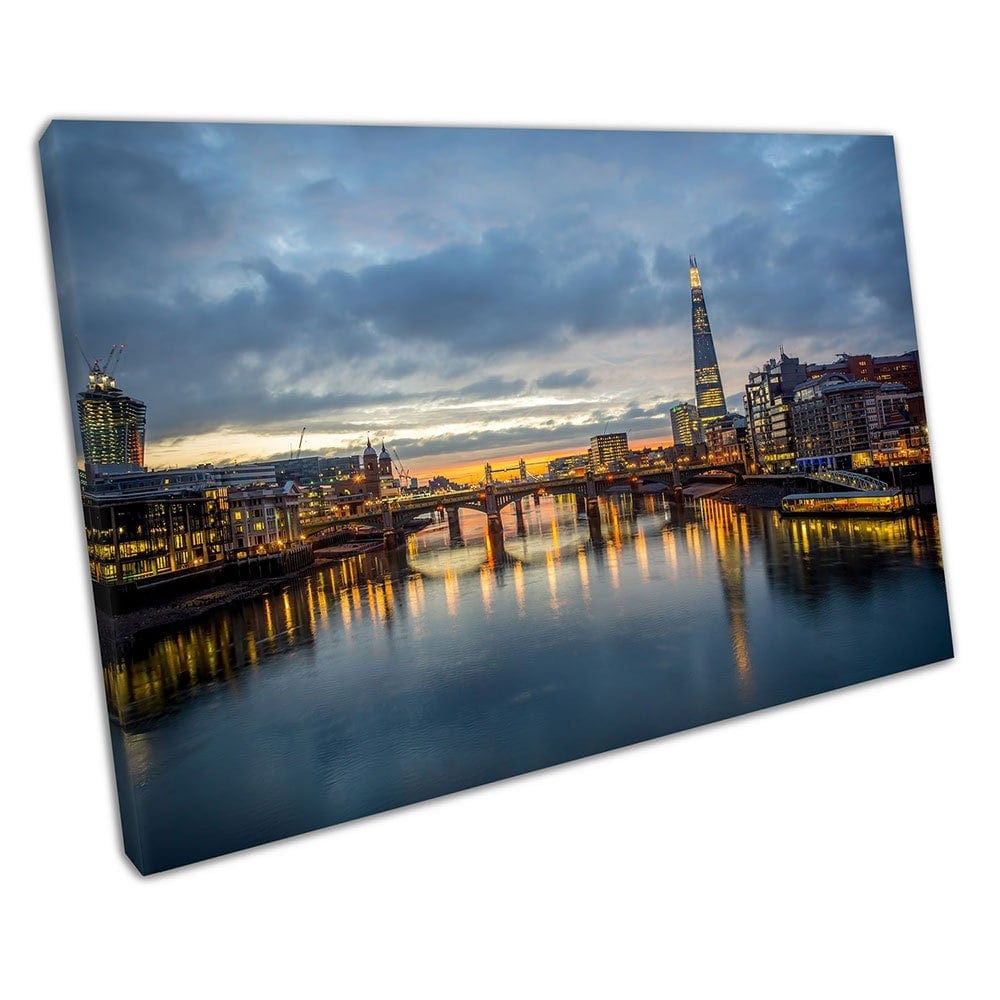 Evening city of London skyline with The River Thames Capital Ready to Hang Wall Art Print Mounted Canvas print