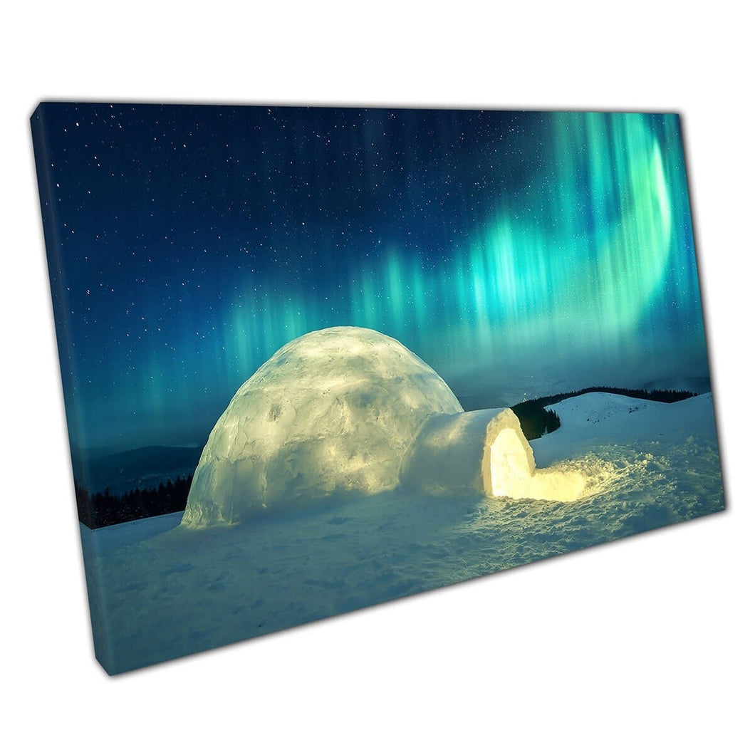 Aurora Borealis Northern Lights Over Winter Snowy Scene With Glowing Occupied Igloo Wall Art Print On Canvas Mounted Canvas print