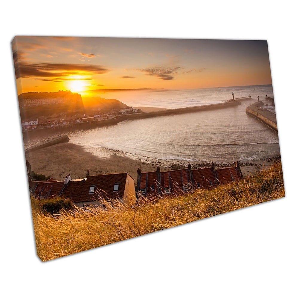 Whitby Harbour at sunset Dusk Coastal landscape North sea Ready to Hang Wall Art Print Mounted Canvas print