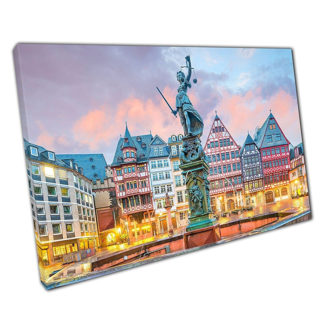 Old Town Square Romerberg Frankfurt Germany At Twilight Traditional Architecture Wall Art Print On Canvas Mounted Canvas print