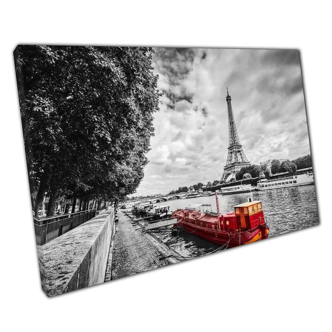 Eiffel Tower Standing Tall Above A Bright Red Ship On The River Seine Photography Wall Art Print On Canvas Mounted Canvas print