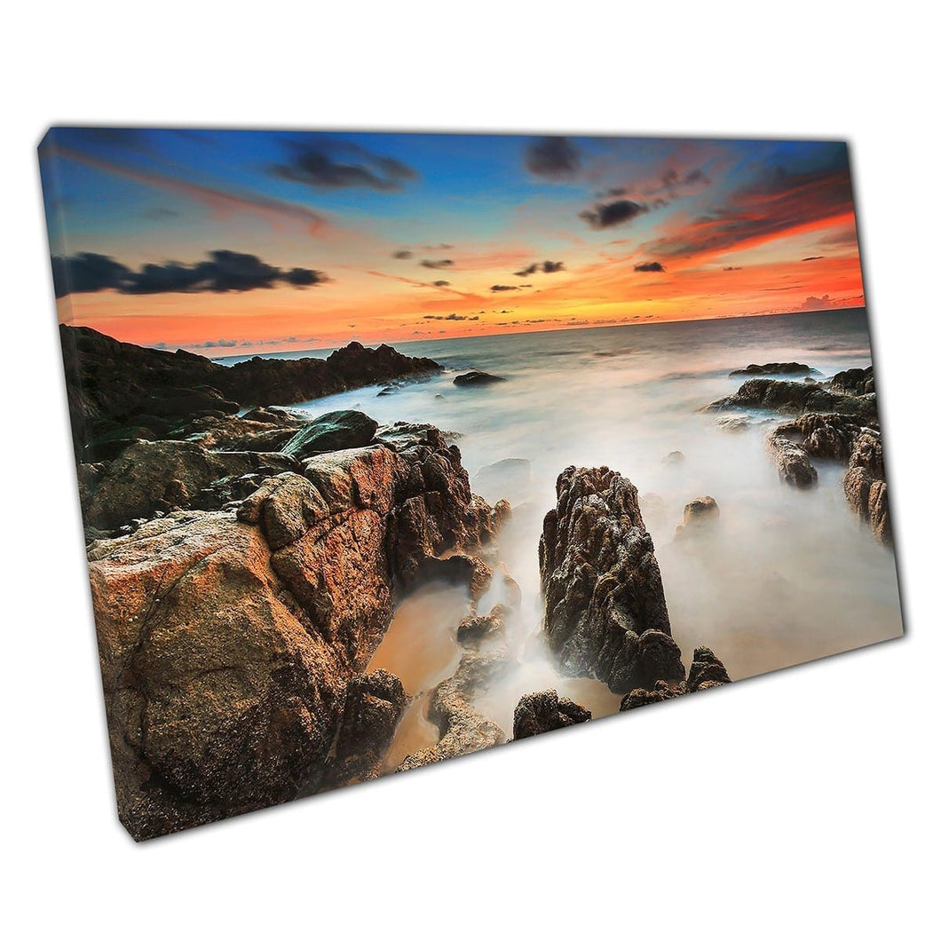 Beautiful Rocky Long Exposure Seascape Photography Under A Warm Twilight Sunset Wall Art Print On Canvas Mounted Canvas print