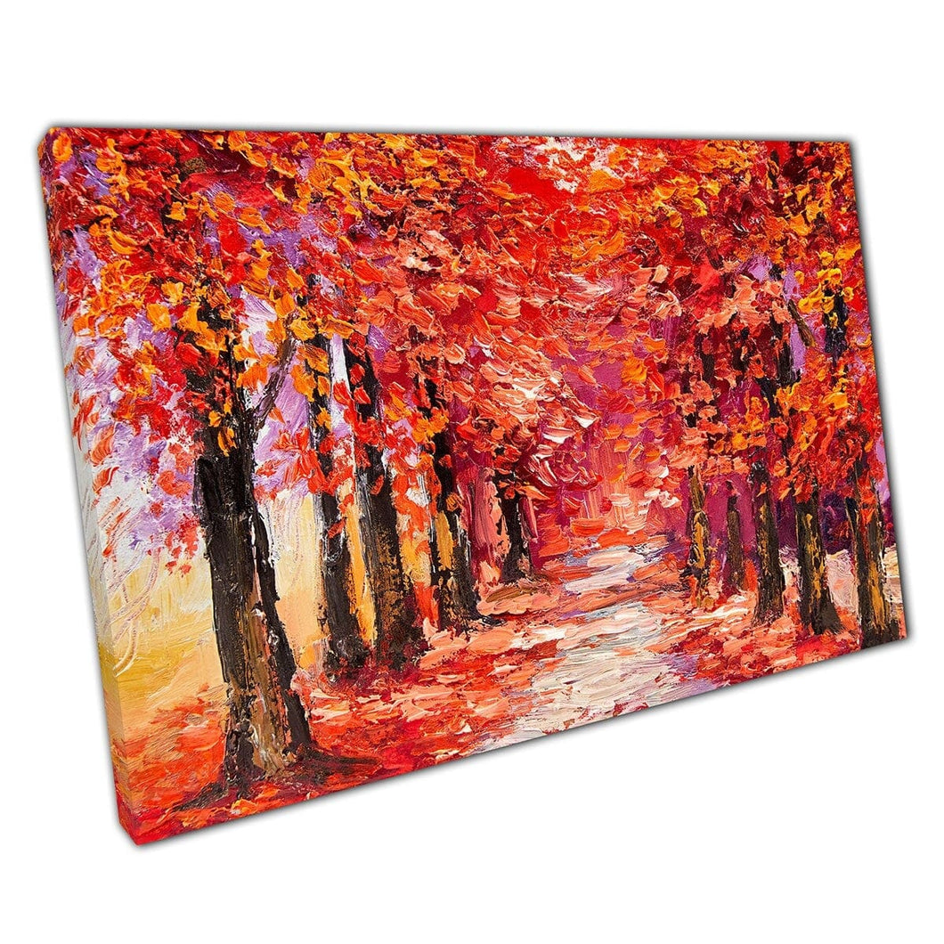 Vivid Crimson Red Autumnal Fall Forest Woodland Impressionism Oil Painting Style Wall Art Print On Canvas Mounted Canvas print