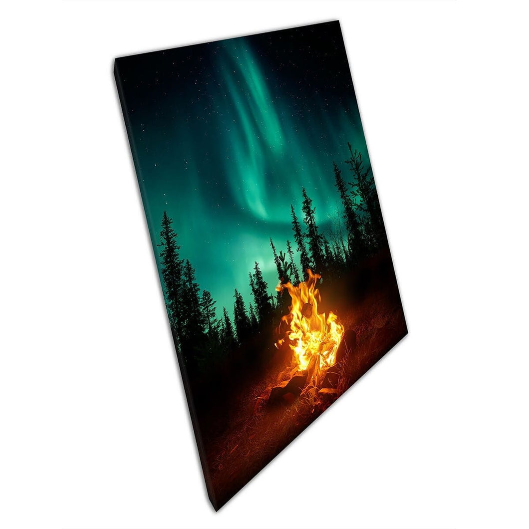 Warm Cosy Campfire In The Wilderness Under The Beautiful Aurora Borealis Wanderlust Wall Art Print On Canvas Mounted Canvas print