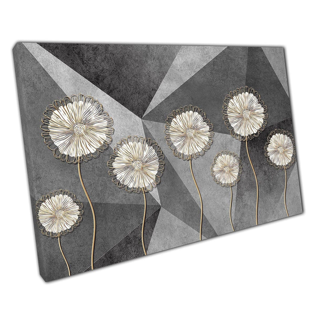 3D Illustration Style Embroidery Like Dandelions With Angular Grey Background Wall Art Print On Canvas Mounted Canvas print