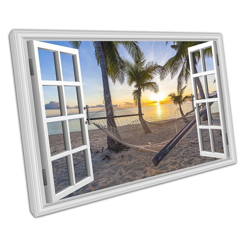 Window View relaxing on the beach Hammock sunset Ready to Hang Wall Art Print Mounted Canvas print
