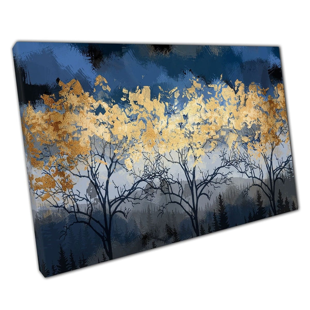 Beautiful Abstract Forest Woodland Under A Dusky Blue Sky Highlighting Golden Trees Wall Art Print On Canvas Mounted Canvas print