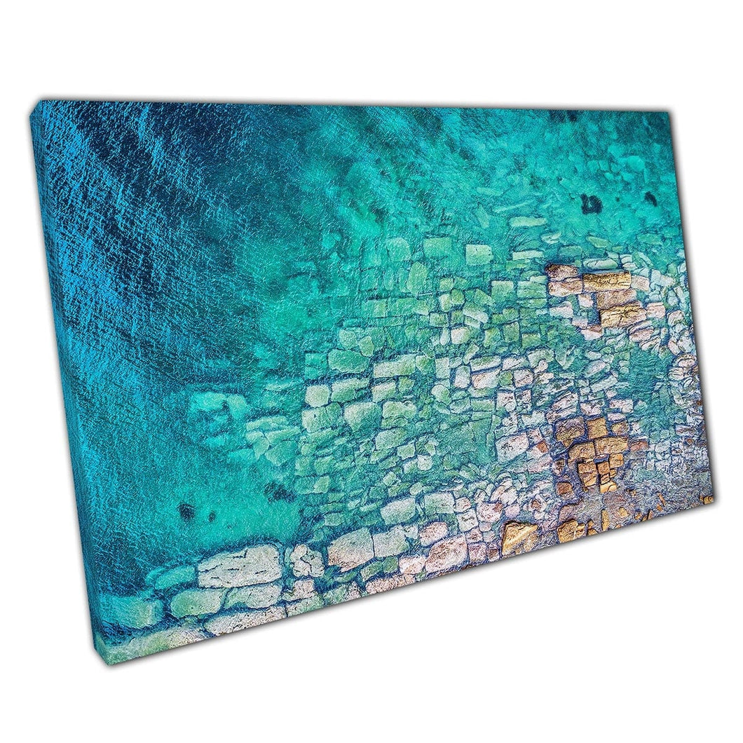 Aerial View Of Blue Clear Ocean Rocks And Stones Canvas Wall Art Print On Canvas Mounted Canvas print