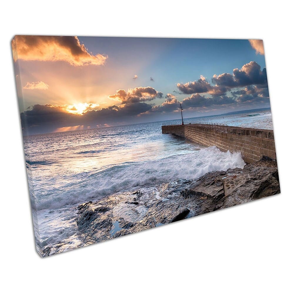 Beautiful golden sun rays over the stone pier Porthleven seascape Wall Art Print Mounted Canvas print
