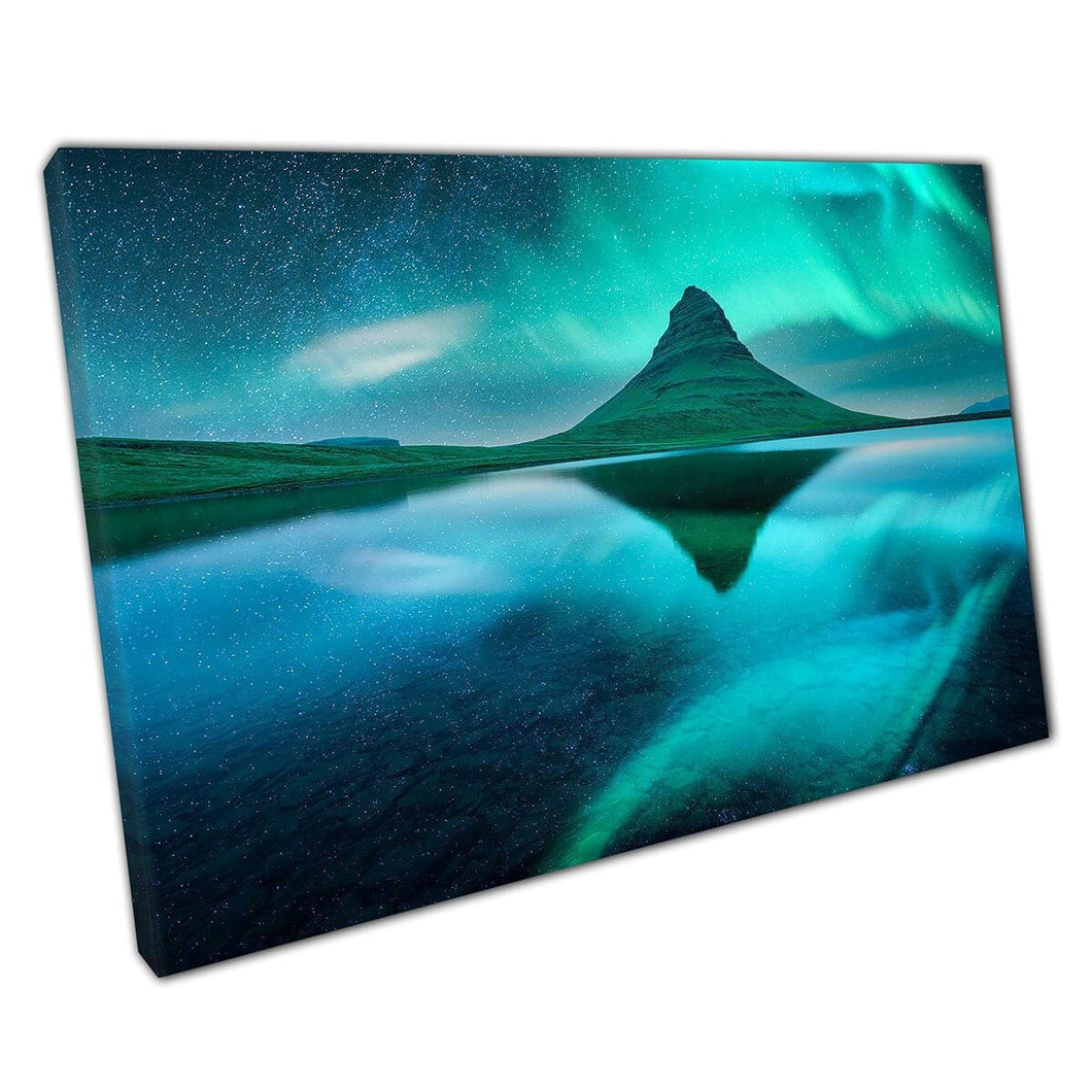 Northern Lights Over Kikjufell Mountain Volcano Iceland Night Photography Wall Art Print On Canvas Mounted Canvas print