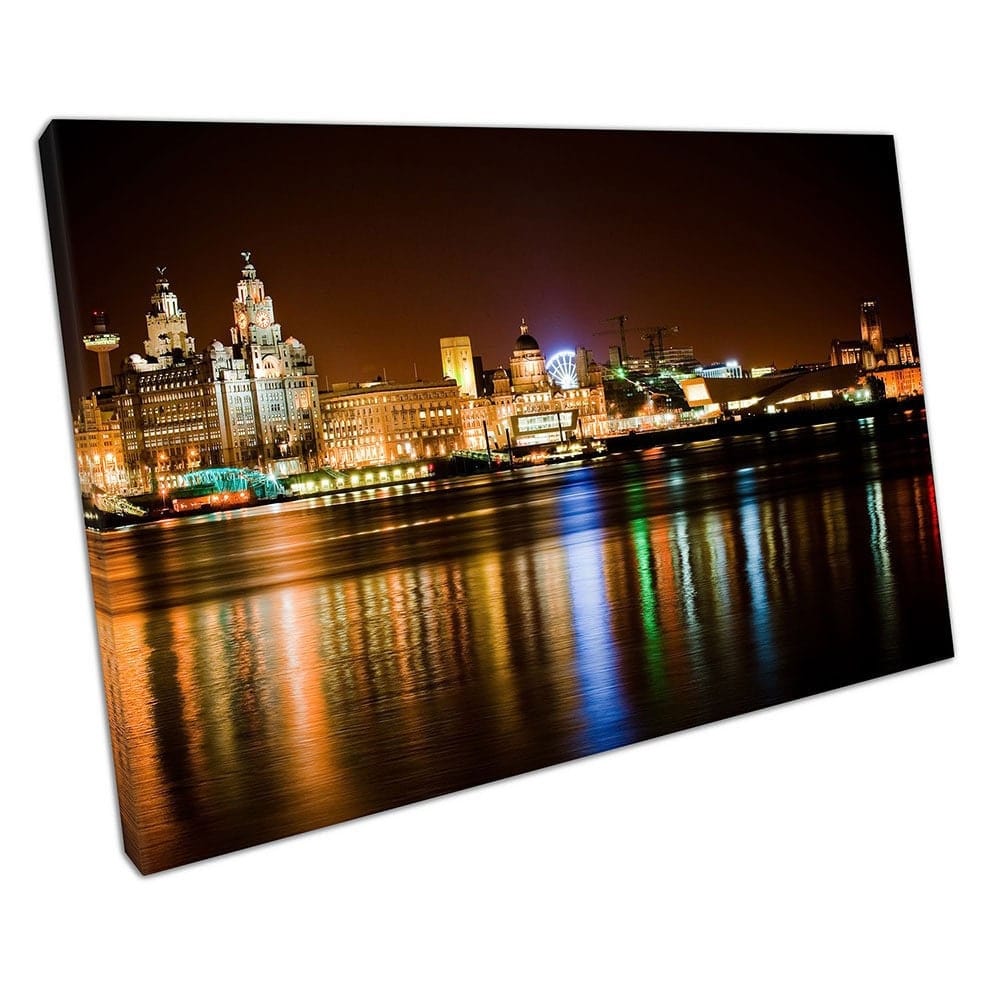 city of Liverpool at night reflections liver building Albert Ready to Hang Wall Art Print Mounted Canvas print