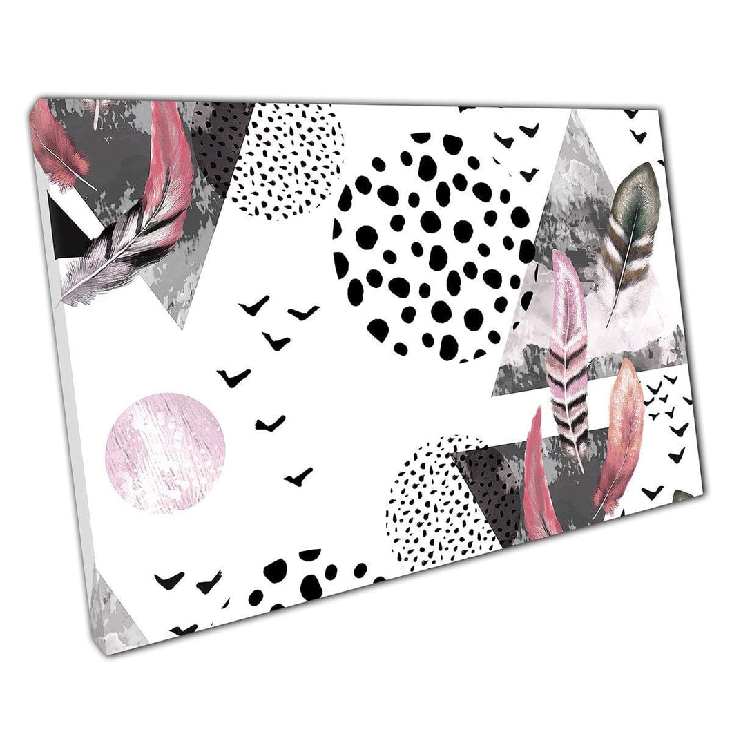 Pink And Monochrome Tribal Birds Abstract Shapes Collage Contemporary Pattern Wall Art Print On Canvas Mounted Canvas print