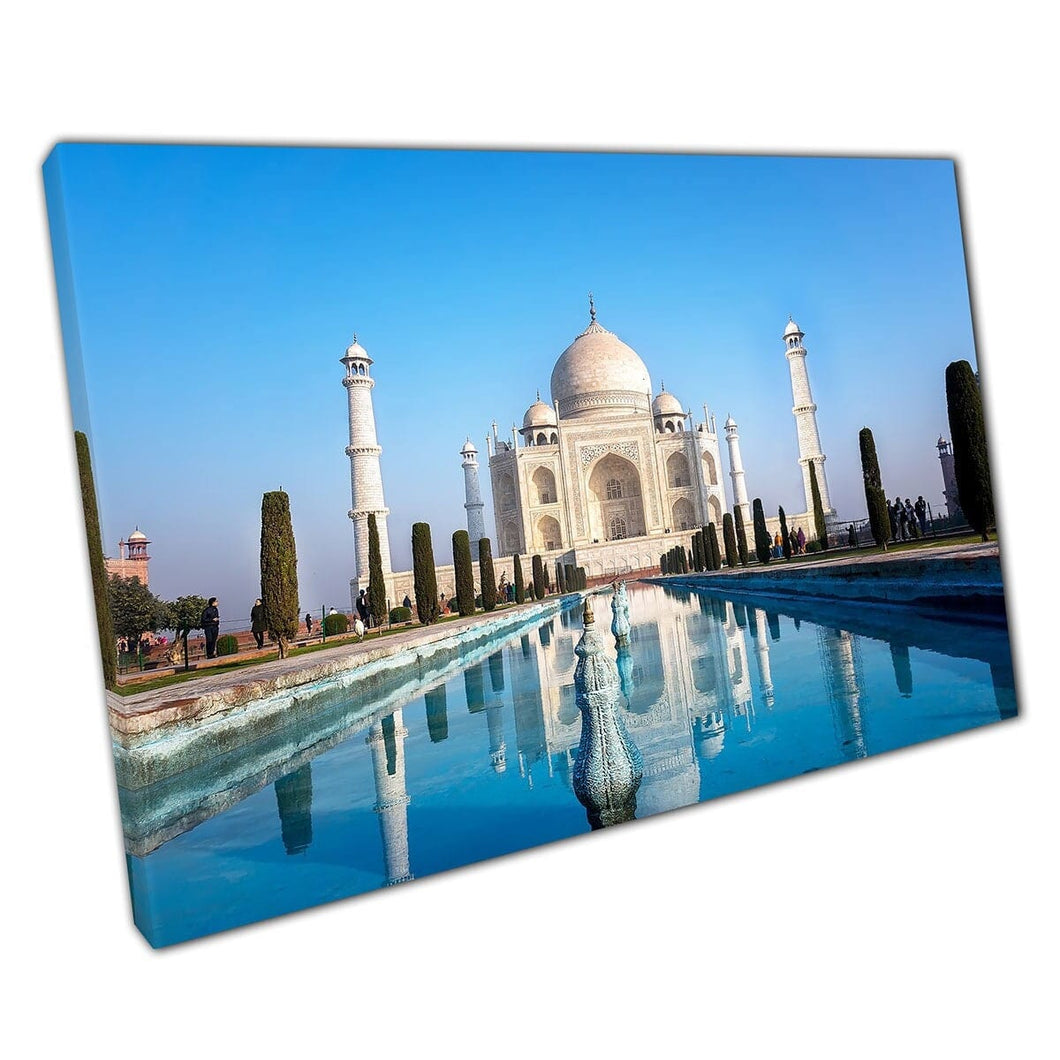 Stunning Morning View Of The Taj Mahal Reflecting In The Water Agra India Landmark Wall Art Print On Canvas Mounted Canvas print