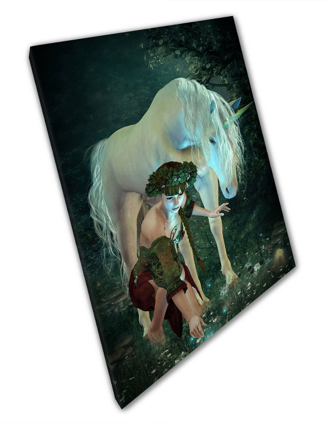 Fairy Pixie picking Flowers with Unicorn Fantasy Art Ready to Hang Wall Art Print Mounted Canvas print
