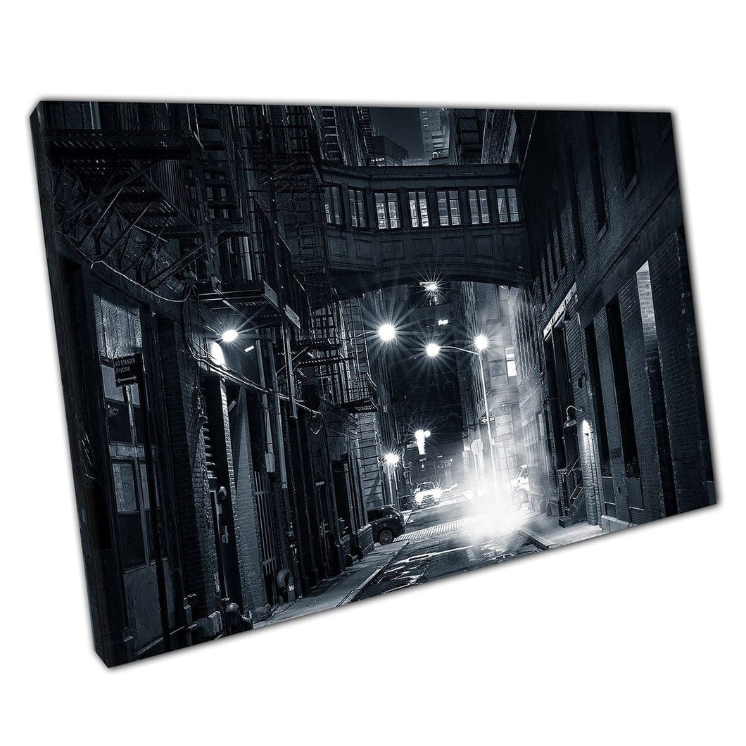 Moody View Of Staple Street Skybridge In Monochrome Photography Tribeca NYC Wall Art Print On Canvas Mounted Canvas print