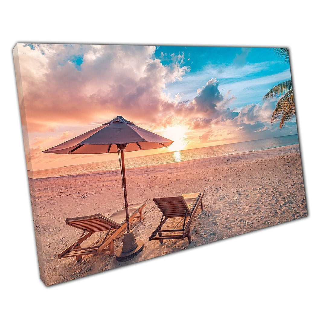 Sun Loungers And Umbrella On Relaxing Beach Under Calming Sunset Wall Art Print On Canvas Mounted Canvas print