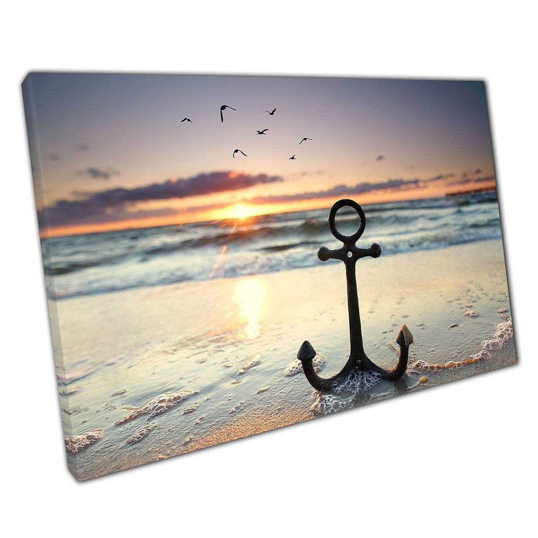 Anchor On A Calm Beach At Sunset Wall Art Print On Canvas Mounted Canvas print