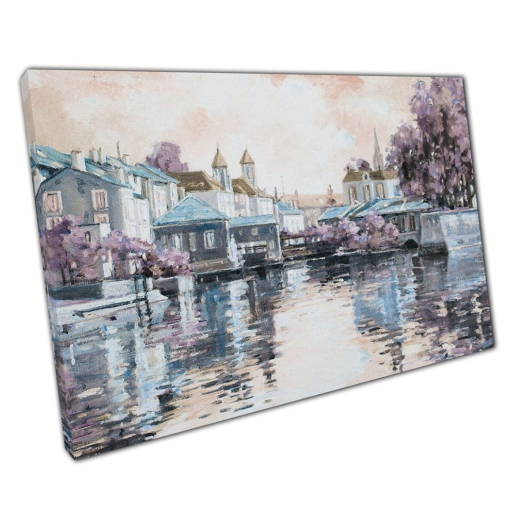 Beautiful European City On The Calm Water Cool Toned Impressionism Painting Style Wall Art Print On Canvas Mounted Canvas print