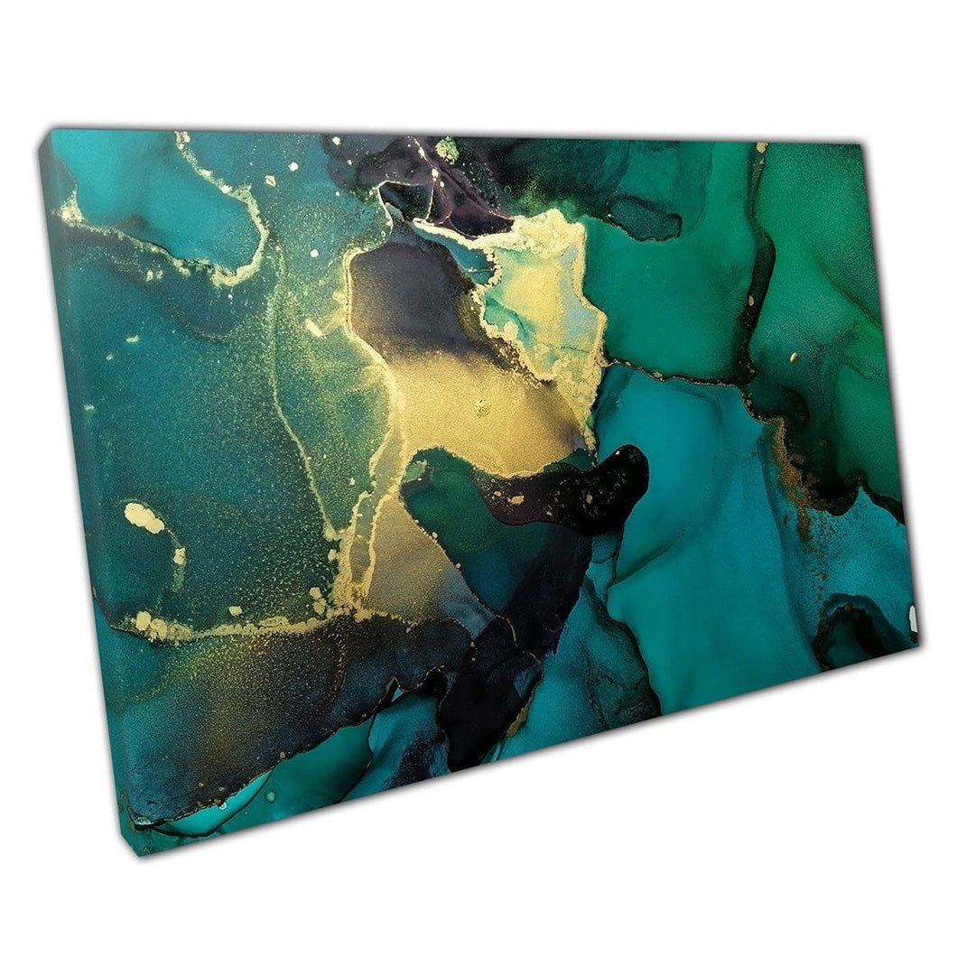 Abstract Dark Tones Of Teal With Golden Highlights Alcohol Ink Marbling Technique Wall Art Print On Canvas Mounted Canvas print