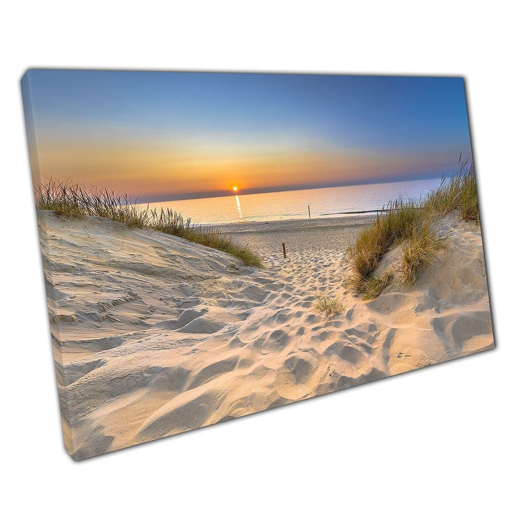 Welcoming Sunset Seascape With Soft Grassy Sand Dunes Ouddorp The Netherlands Wall Art Print On Canvas Mounted Canvas print