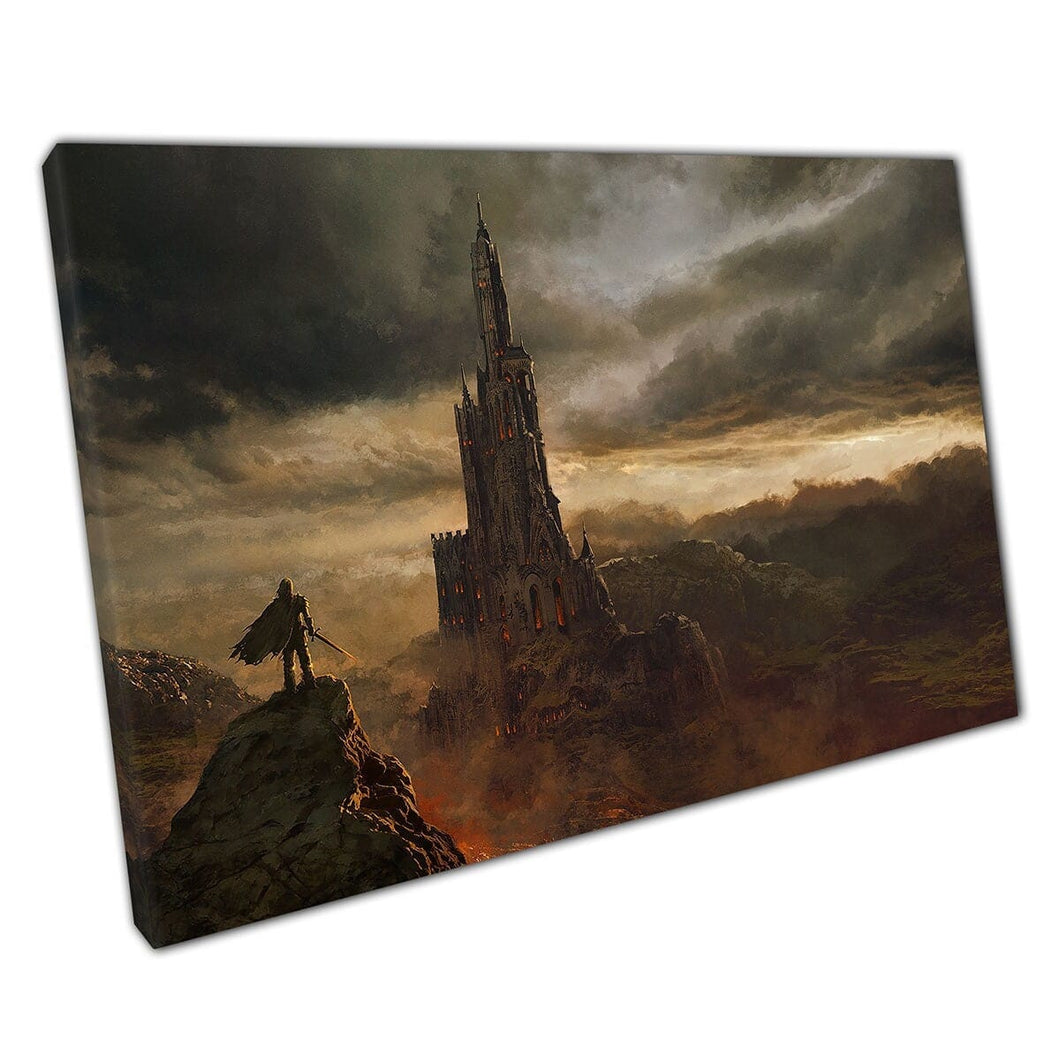Battle Ready Knight Looking At Medieval Fantasy Castle Over A Fiery Landscape Wall Art Print On Canvas Mounted Canvas print