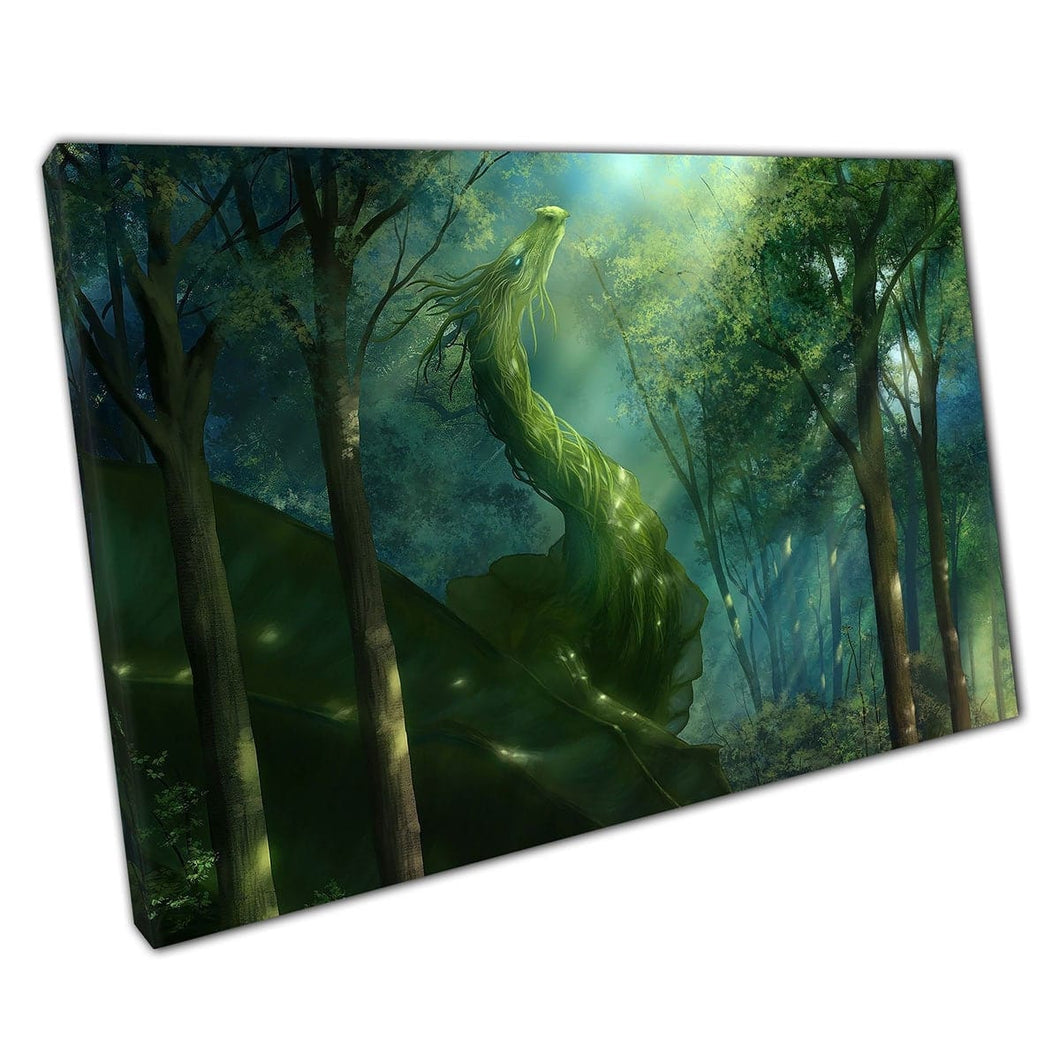 Majestic Rich Green Forest Woodland Dragon Magical Fantasy Creature Illustration Wall Art Print On Canvas Mounted Canvas print
